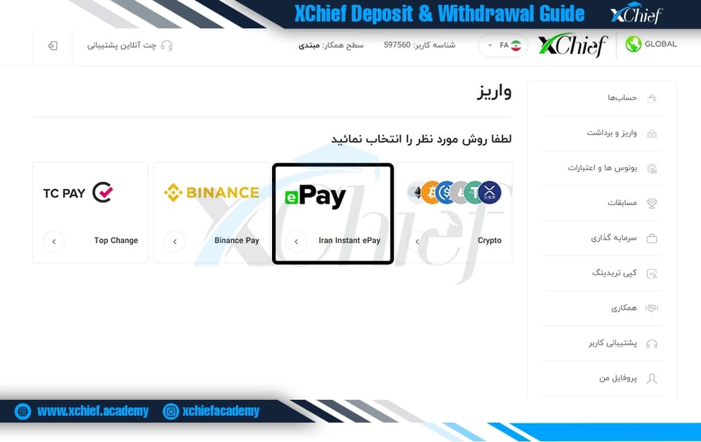 روشهای واریز بروکر ایکس چیف