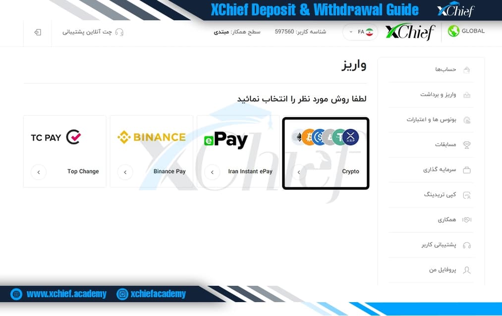 روش برداشت کریپتو در ایکس چیف