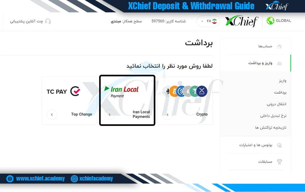 صفحه انواع روشهای برداشت بروکر ایکس چیف