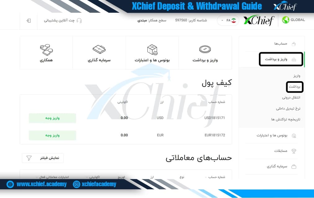 ناحیه کاربری و بخش برداشت بروکر ایکس چیف