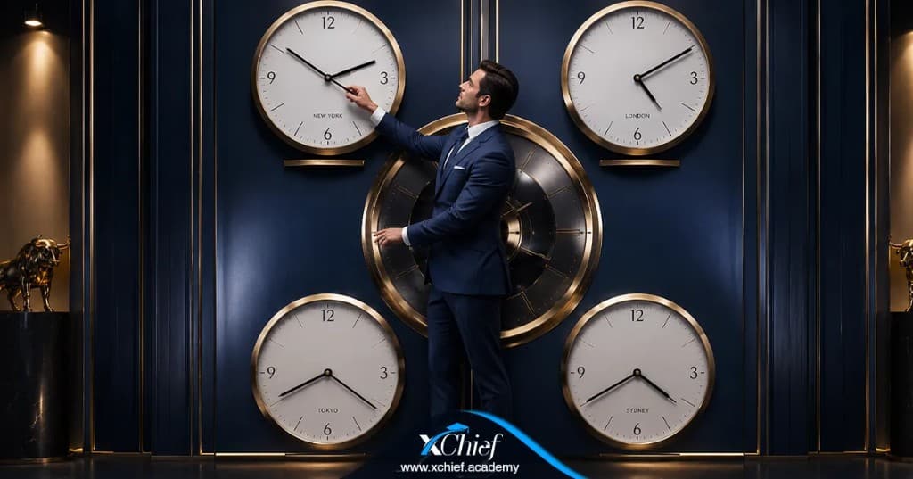 معاملهگر در حال همترازی ساعتهای نیویورک، لندن، توکیو و سیدنی — مدیریت زمان در فارکس